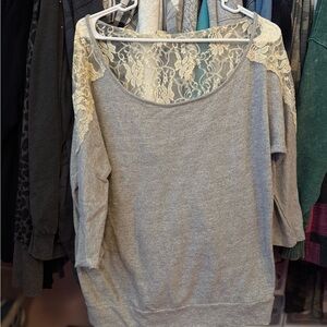 Eyelash Couture Gray and Ivory White Lace Top